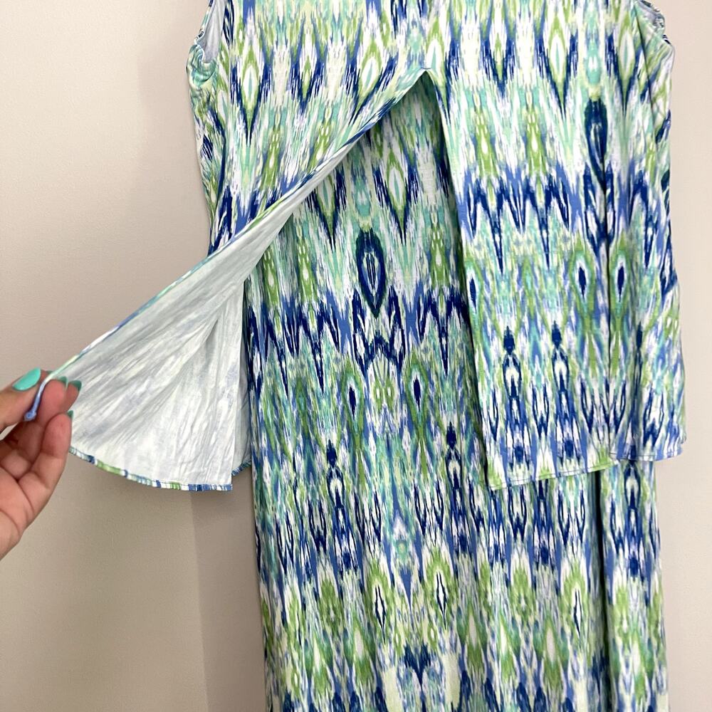 Chico's 8 Ikat Popover Regatta Slit Blue Green Travel Cruise Maxi Dress Sz 3(XL) - Picture 7 of 9